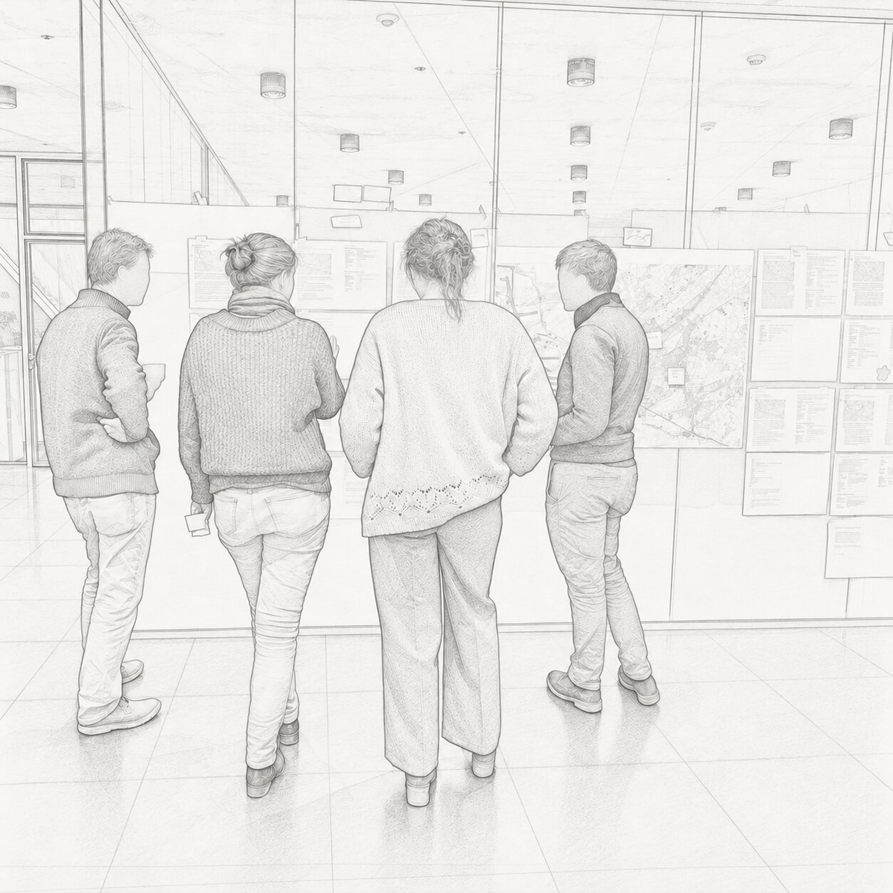 Stakeholders bekijken samen projectplannen tijdens een overleg over stakeholdermanagement en infrastructuurprojecten.